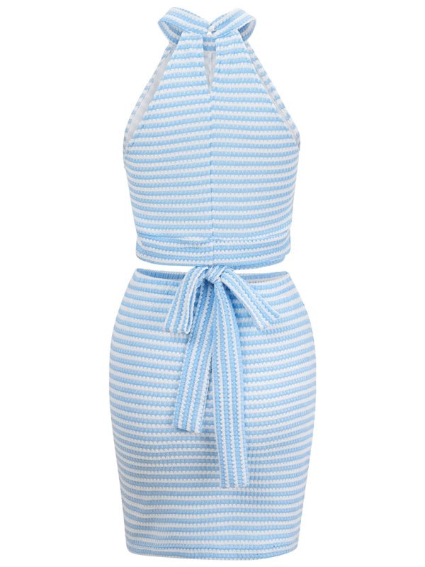 New solid color halter neck crop top strap suit skirt - Skirt Suit